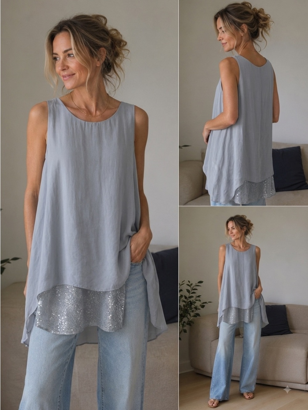 Collezione Gaia Silk & Sequin Flowy Asymmetrical Tunic Top